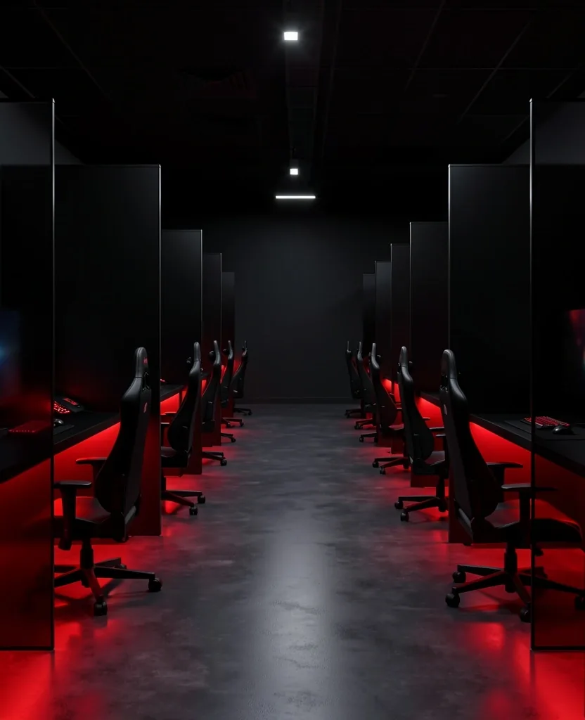 Fila de estaciones de trabajo generales con iluminación ambiental roja