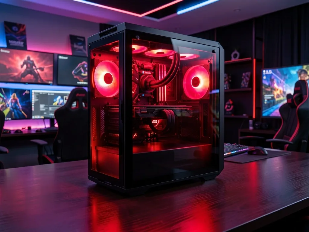 Torre de PC con panel de cristal en estación de Yavetta
