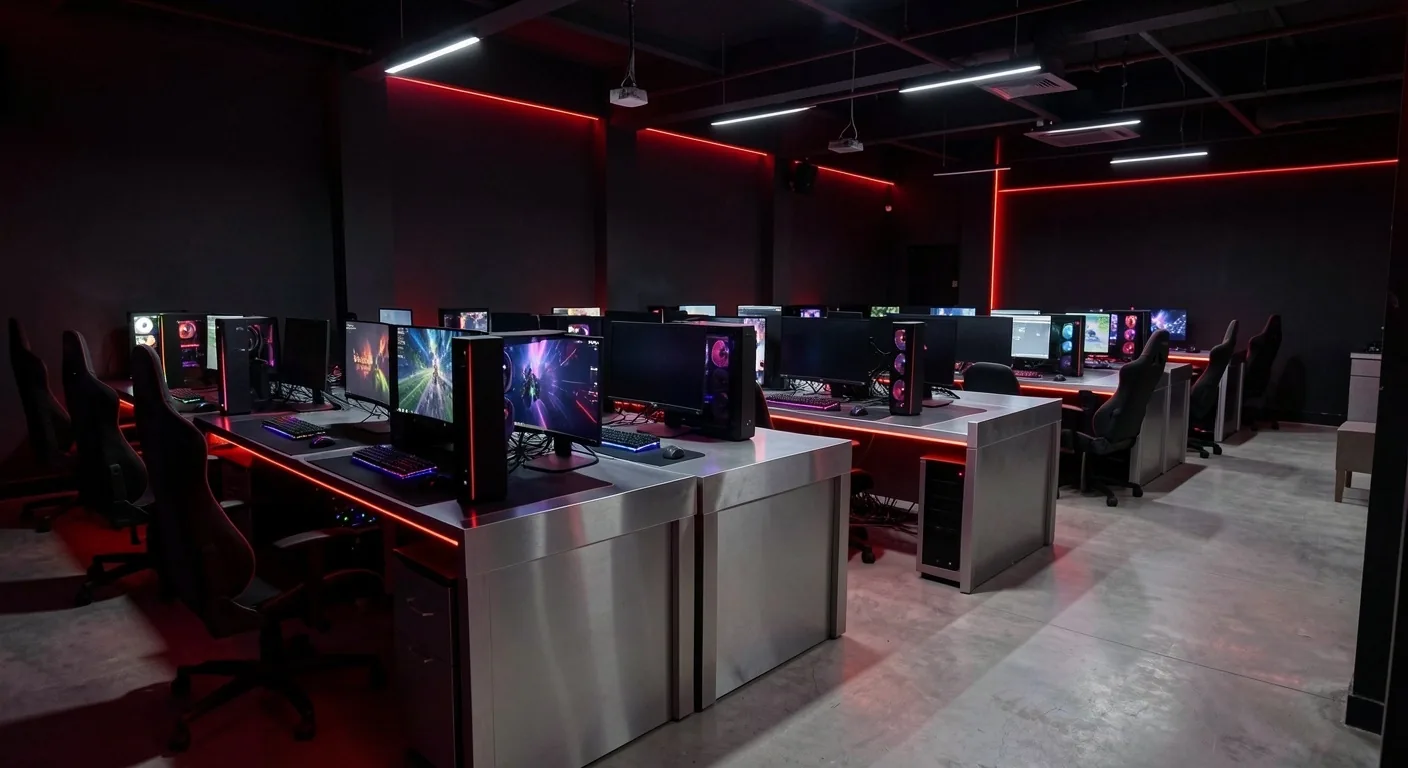 Interior del club de cómputo Yavetta con estaciones de trabajo de alto rendimiento