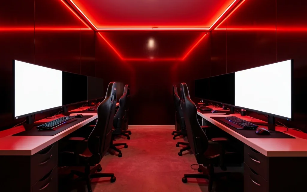 Interior del club de computación Yavetta con estaciones de trabajo de alto rendimiento y iluminación LED roja