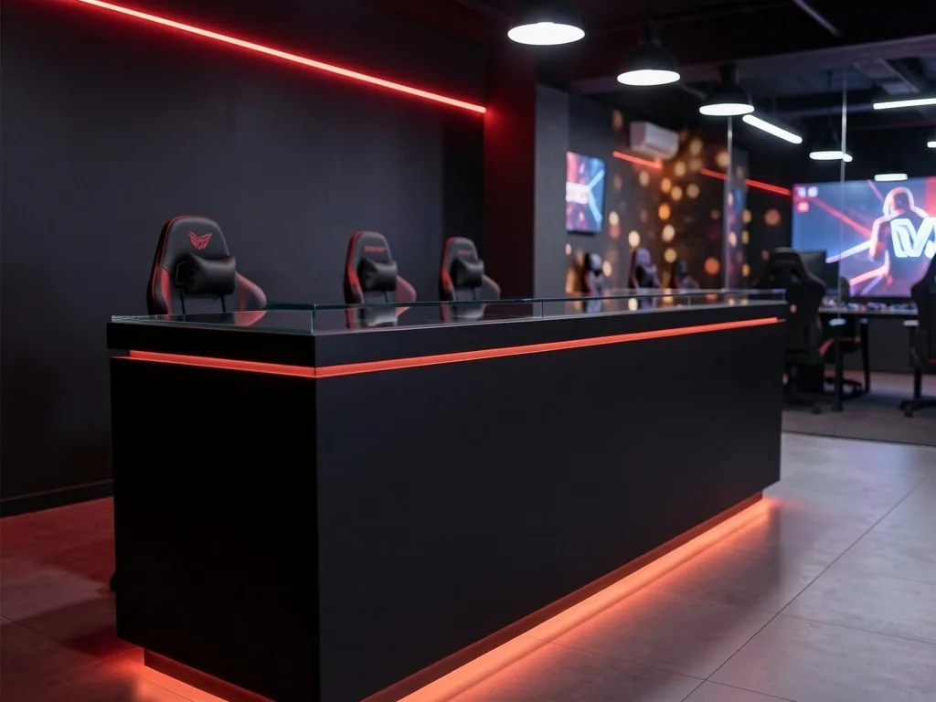 Recepción del club Yavetta con mostrador profesional y iluminación de acento roja
