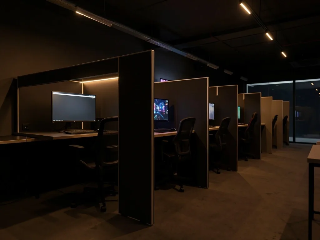Estaciones de trabajo silencioso con iluminación tenue y cálida